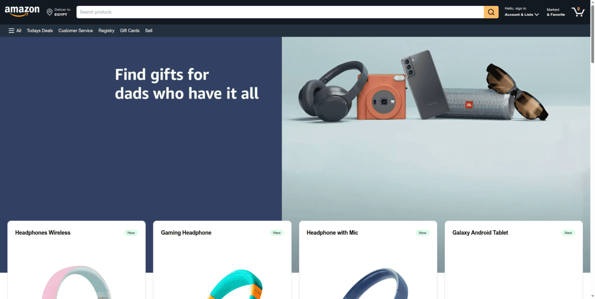 Screenshot of Amazon Clone – E-commerce UI Clone — Built a frontend clone of Amazon's e-commerce UI featuring a product catalog acr