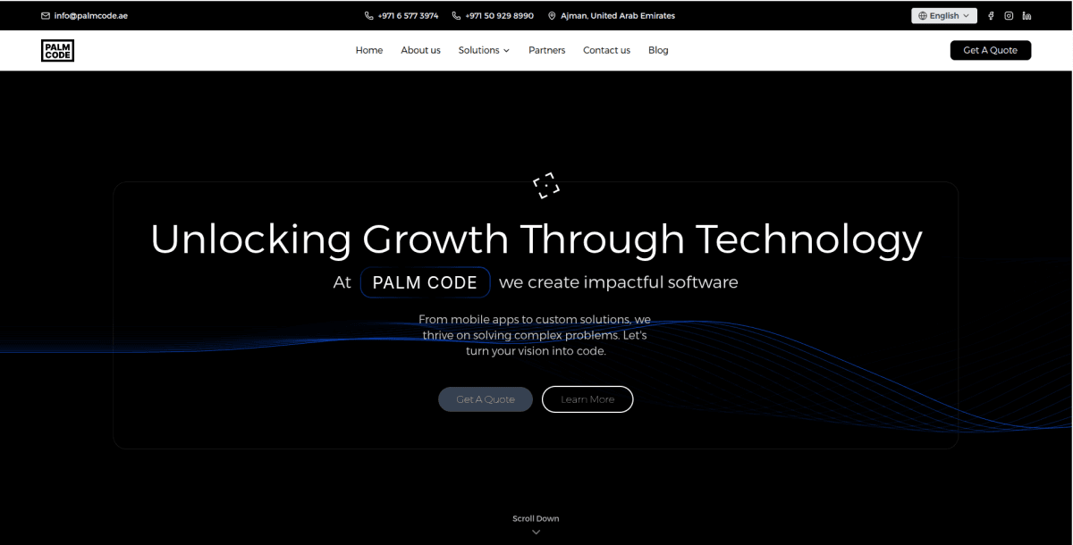 Screenshot of Palm Code – Company Website — Contributed to key features and sections of Palm Code's corporate website, showc